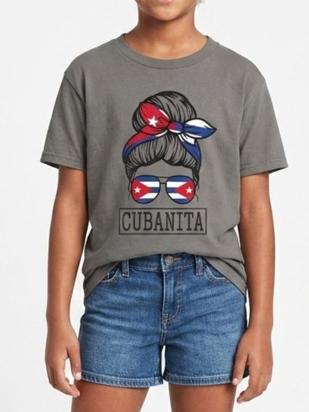 Cubanita Graphic T-Shirt Youth Medium Grey Port & Company Cuban Flag Messy Bun